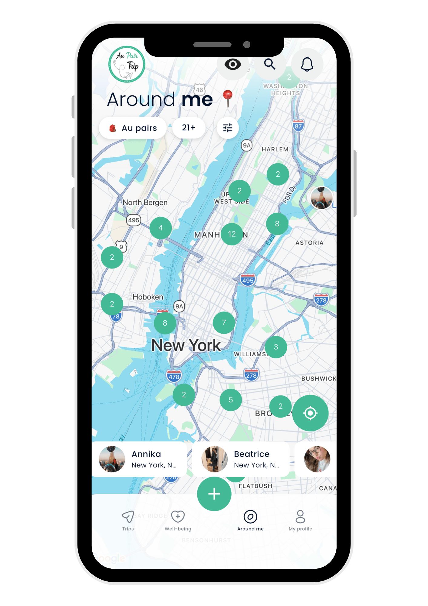 The Aupairtrip app map showing au pairs around you in New York
