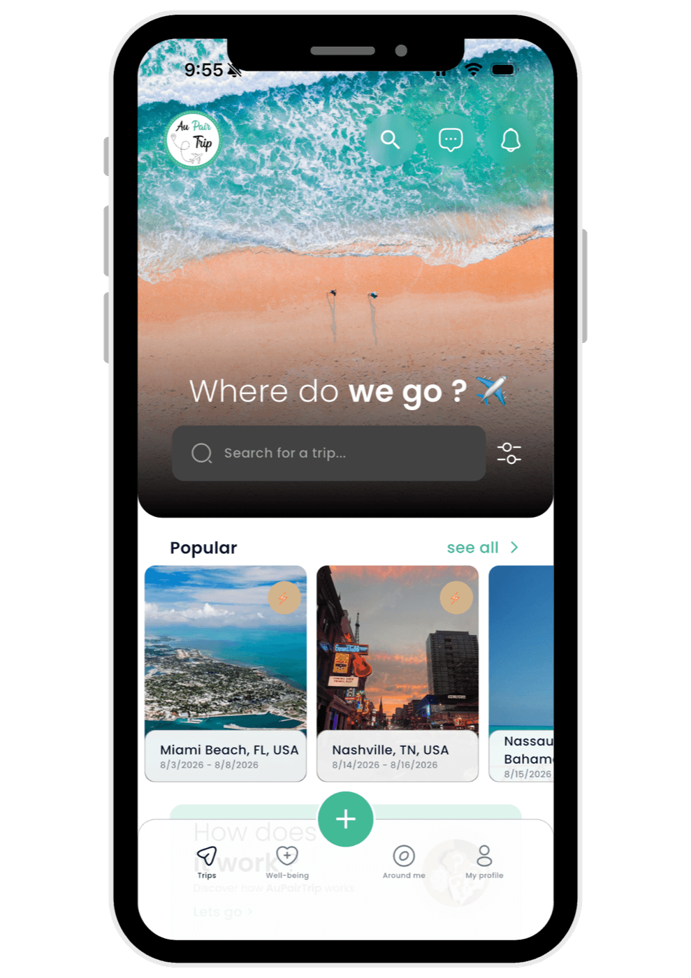 The Aupairtrip app home screen showing trips and destinations to explore