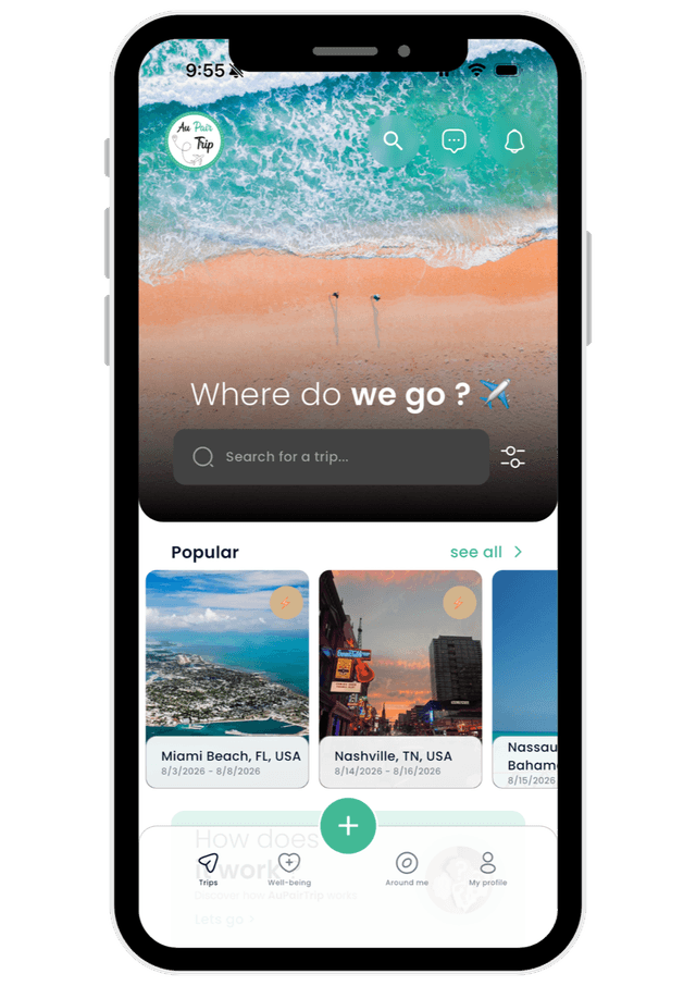 The Aupairtrip app home screen showing trips and destinations to explore